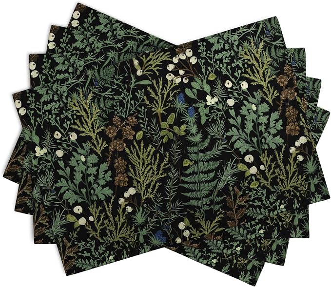 Black Sage Green Leaves Placemats Set of 4 Vintage Botanical Fern Leaf Floral - Image 2