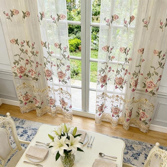 1 Panel European Embroidered Floral Sheer Curtain Rod Pocket Top | Royal - Image 3
