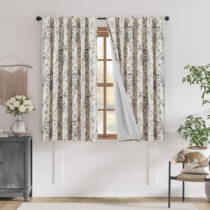 jinchan Black Floral Linen Blackout Curtains 63 Inch Back Tab 2 Panels | by JINCHAN