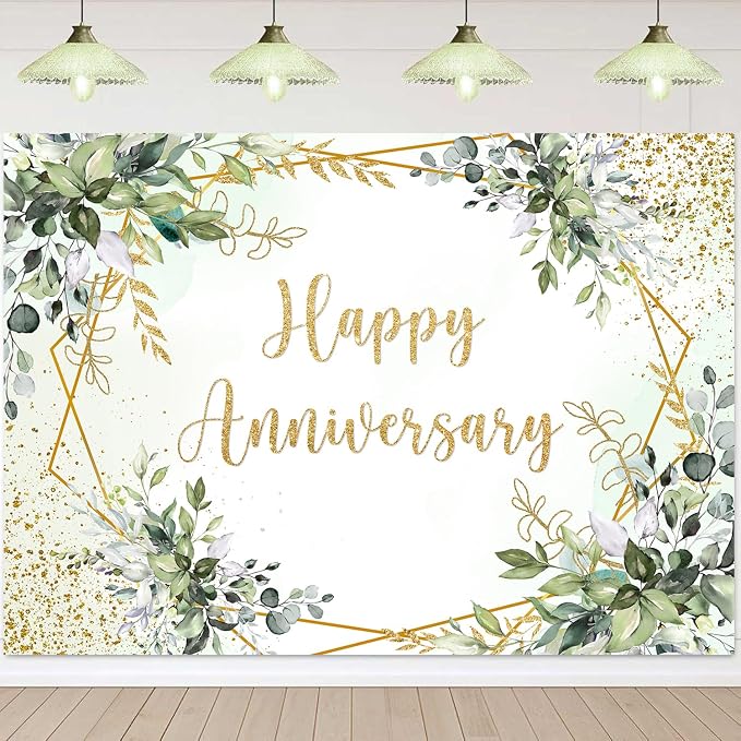 Withu Happy Anniversary Backdrop Sign Decorations Banner Sage Green Gold - Image 5