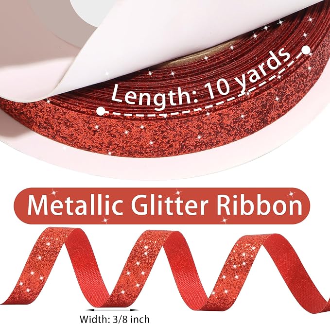 Red Metallic Glitter Ribbon for Gift Wrapping 3/8in x 10Yds | Cheer Sparkle - Image 3