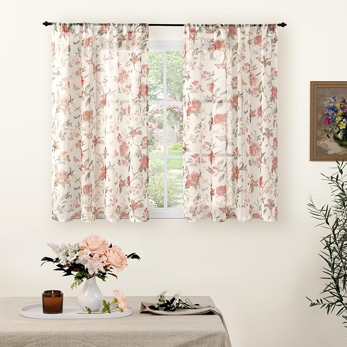 Sheer Curtains 54 Inch Length 2 Panels Set, Floral Patterned Linen Look by Lajode