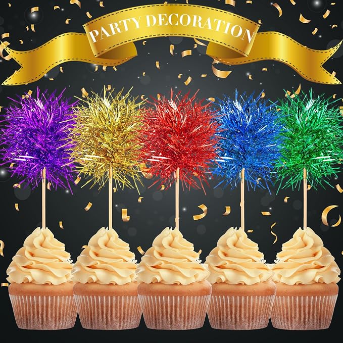 Chinco 100 Pcs Foil Firework Cupcake Toppers Sparkle Tinsel Cake Toppers Cake - Image 3