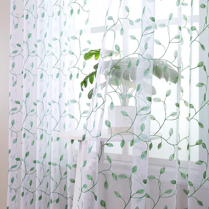 Tollpiz Leaves Short Sheer Tier Curtains Green Leaf Embroidery Kitchen Half - Image 2