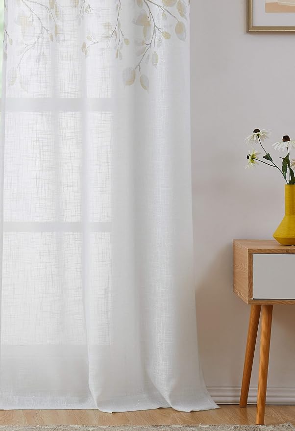 Yellow Leaf Floral Print Metallic Sheer Curtain - Image 7