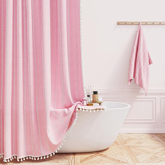 Blush Boho Farmhouse Linen Heavy Duty Cloth Shower Curtain Set, 72x72 | 330GSM by ShowerCurtain