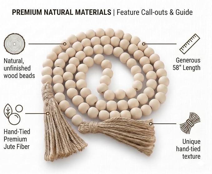 58" Decorative Beads Home Decor Wood Bead Garland | Boho Table Decor, - Image 2