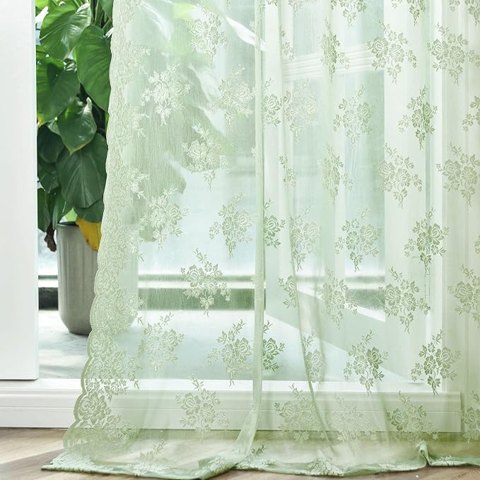 Kotile Sage Green Lace Floral Curtains - Image 8