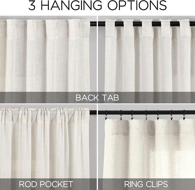 Cream Semi Sheer Linen Curtains 102 Inch Long Curtains Back Tab Rod Pocket 2 - Image 3