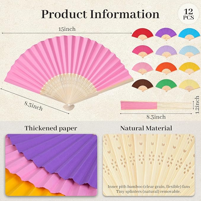 JOHOUSE 12 PCS Color Paper Fans Handheld, 8.3 Inch Foldable Hand Fan | Rainbow - Image 7