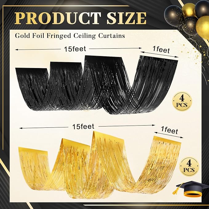 8 Pcs 15ft Gold Black Metallic Foil Ceiling Fringe Curtains, Graduation Party - Image 2
