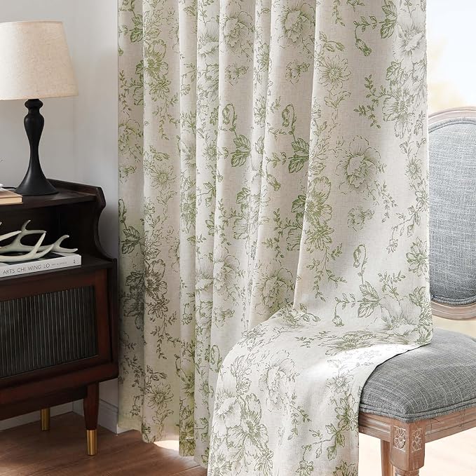 jinchan Green Floral Linen Blackout Curtains 96 Inch Back Tab 2 Panels | - Image 8