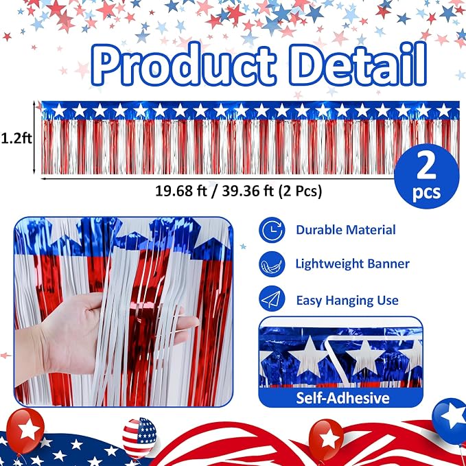 Morofme 2pcs Red White Blue Foil Fringe Garland 4th of July Patriotic Tassel - Image 2