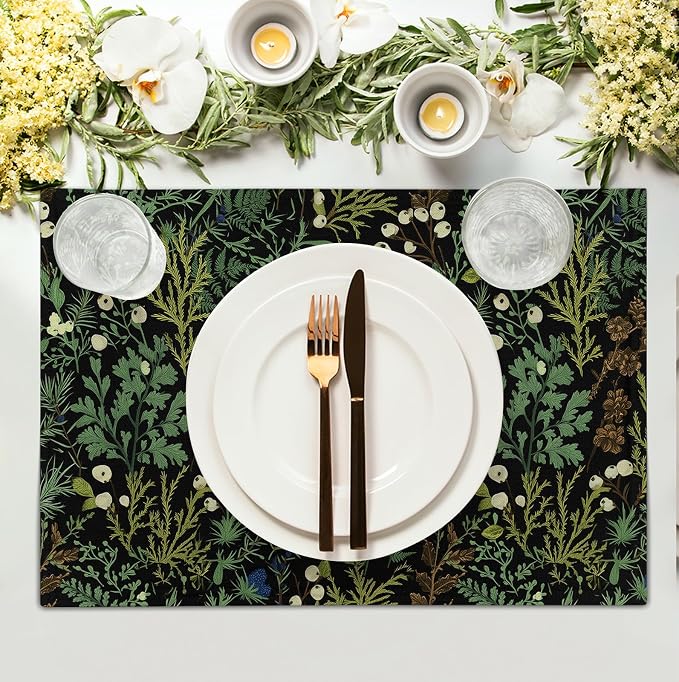 Black Sage Green Leaves Placemats Set of 4 Vintage Botanical Fern Leaf Floral - Image 3