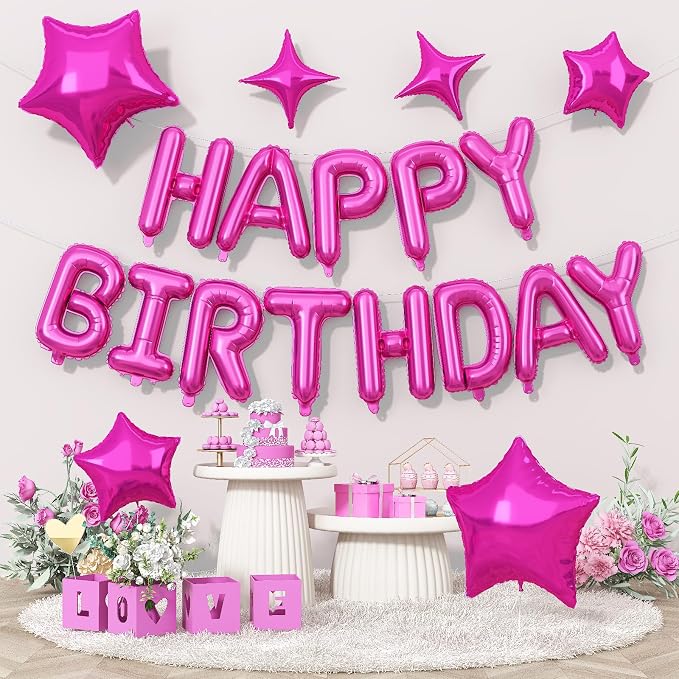 Happy Birthday Balloon Banner Hot Pink, 16 Inch Mylar Foil Letter Balloons by Togvu