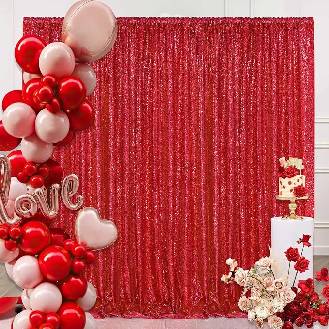Red Sequin Backdrop Curtain 7ft x 7ft Background Drapes | Glitter Background - Image 5