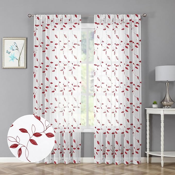Tollpiz Burgundy Red Leaf Sheer Curtain Bedroom 54 x 95 Inches | Leaves by Tollpiz