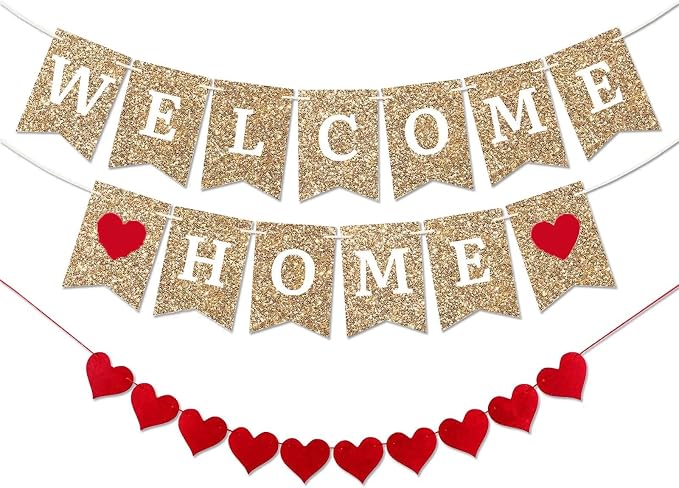 Glitter Gold Welcome Home Banner, Fully Assembled, 8 ft Strand | Ready to Hang by Teniinet
