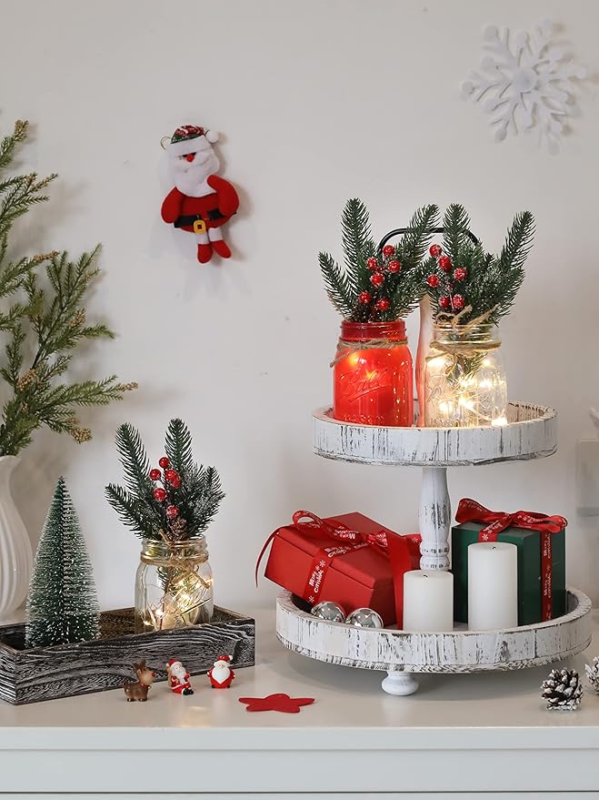 Christmas Mason Jars, Christmas Centerpiece Table Settings, Wood Tray with 3 Painted Jars, Dining Coffee Table Centerpiece, For Kitchen, Living Room, Red Mason Jar Decor with Flowers