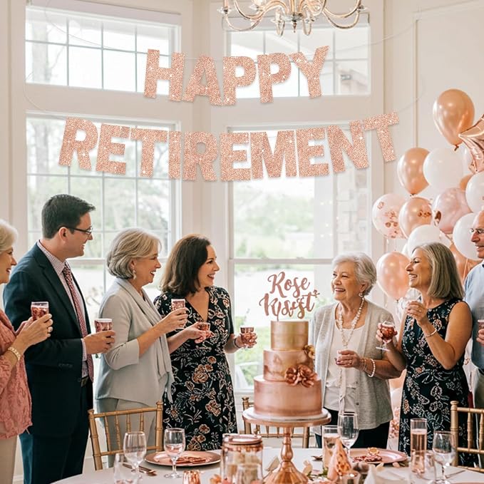 Glitter Rose Gold Happy Retirement Banner Pre-Strung Retirement Party - Image 6