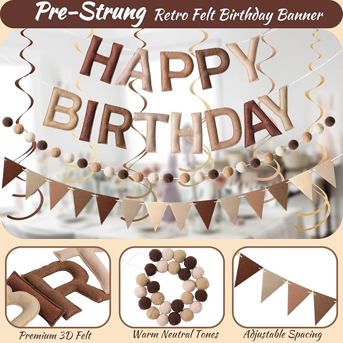 Kriyokiaa Retro Brown Happy Birthday Banner Set - Image 3