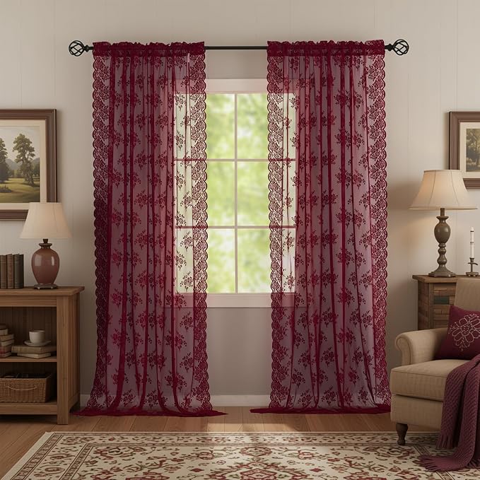 Kotile Burgundy Floral Sheer Curtains by Kotile+Curtains