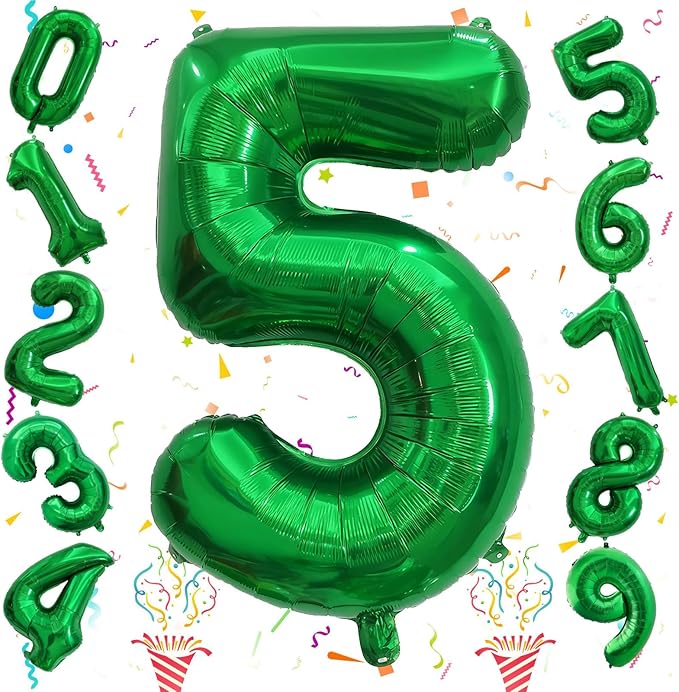 40 Inch Dark Green 5 Number Balloons, Large Foil Self Inflating 5th Birthday by Isndare