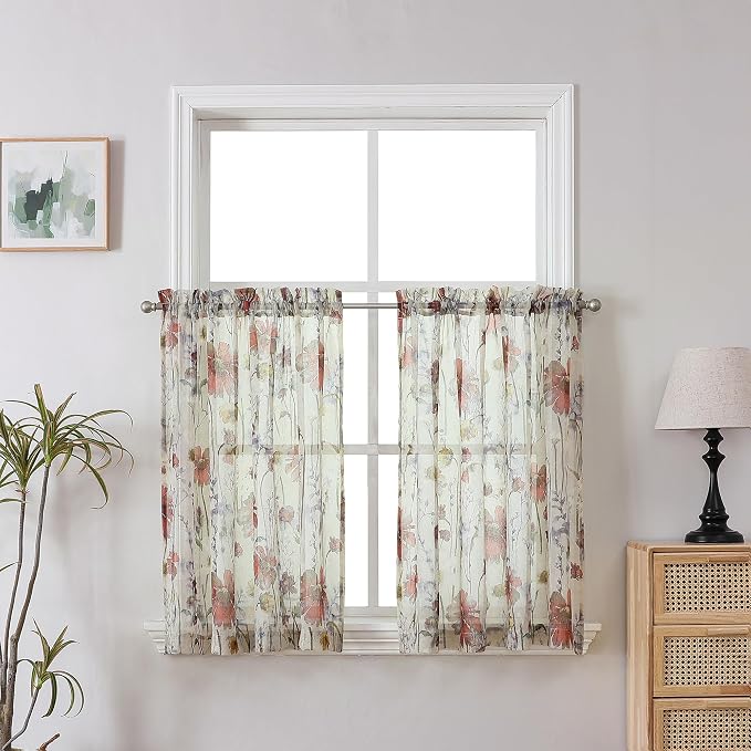 Crushed Sheer Cafe Curtains Kitchen Tiers 30 Inch Length 2 Panels, Printed by OWENIE