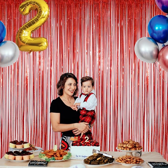 Foil Fringe Curtains Party Decorations - Melsan 3 Pack 3.2 x 8.2 ft Tinsel Curtain Party Photo Backdrop for Birthday Party Baby Shower or Graduation Decorations (Pure red)
