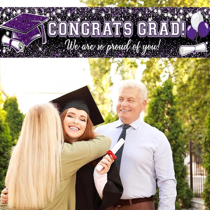 Purple Graduation Decorations, Congrats Grad Graduation Banner Glitter Purple - Image 2