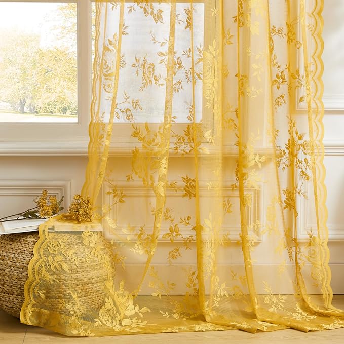 Yellow Lace Curtains 72 Inch Length 2 Panels Set Country Golden Flower Sheer - Image 6