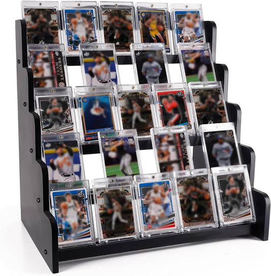 5-Tier Bamboo Trading Card Display Case, 35 pt Baseball Card Collection Stand, Sports Card Storage Holder,Card Game Collection (Black)