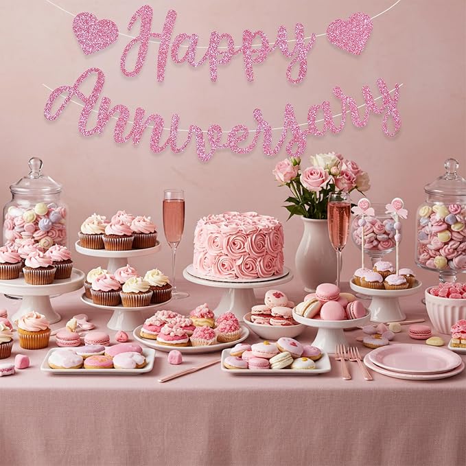 BEISHIDA Pre-Strung Glitter Pink Happy Anniversary Banner Wedding Decor | Happy - Image 6