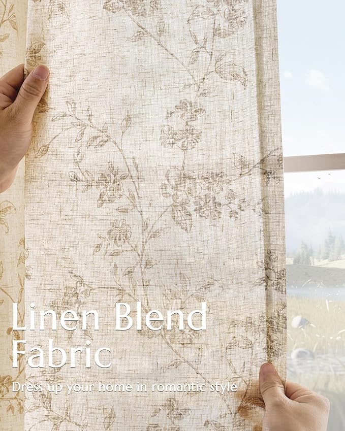 jinchan Taupe Floral Linen Curtains 108 Inch Extra Long Back Tab 2 Panels | - Image 3