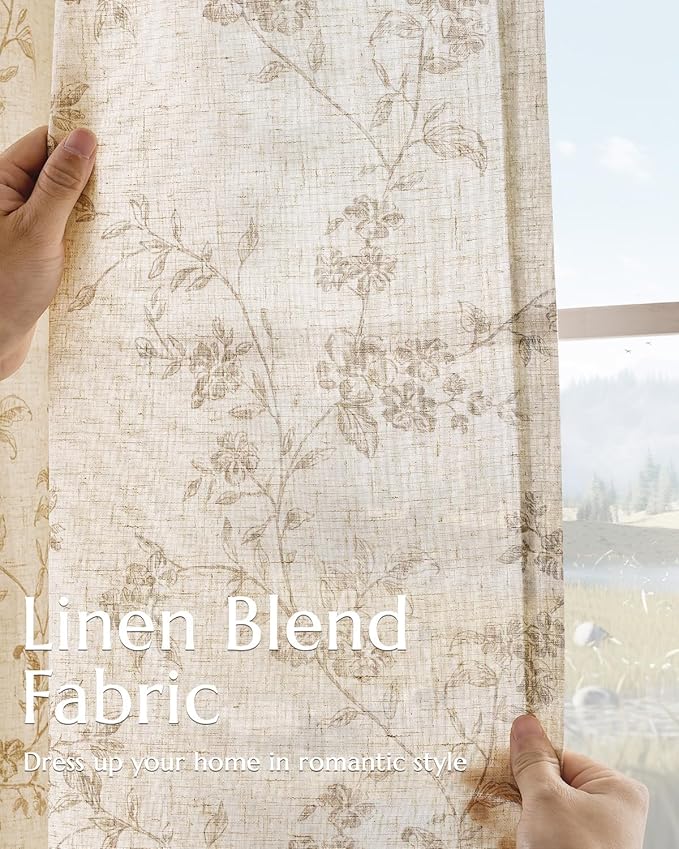 jinchan Taupe Floral Linen Curtains 84 Inch Farmhouse Back Tab 2 Panels | - Image 4