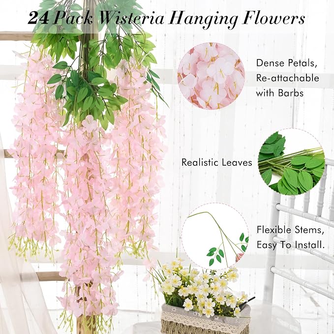 24 Pack Light Pink Wisteria Hanging Flowers, 3.6 Feet/Pcs Wisteria Artificial - Image 2