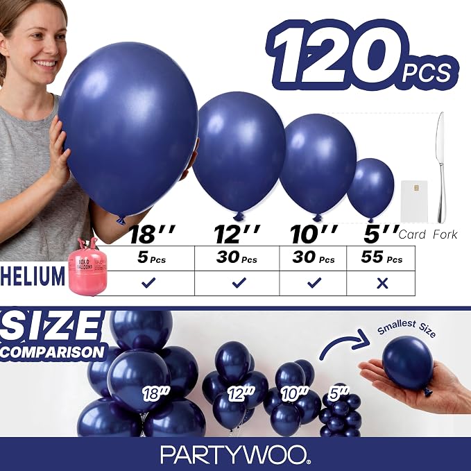 PartyWoo Navy Blue Balloons 120pcs Dark Blue Color 18 12 10 5 Inch | 18 12 10 5 - Image 6