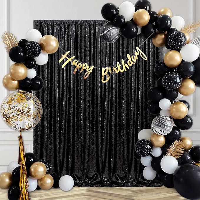 Black Sequin Backdrop Curtains 2 Pcs 3.3ftx8ft Sparkle Backdrop Fabric | by B-COOL