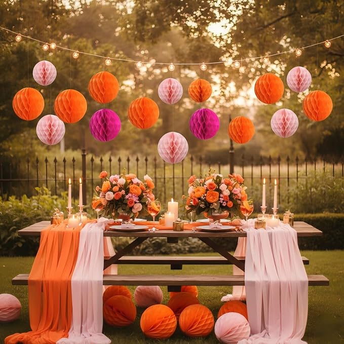 Hot Pink Orange Paper Honeycomb Balls, 12 Pack Hanging Tissue Pom Poms - Image 4