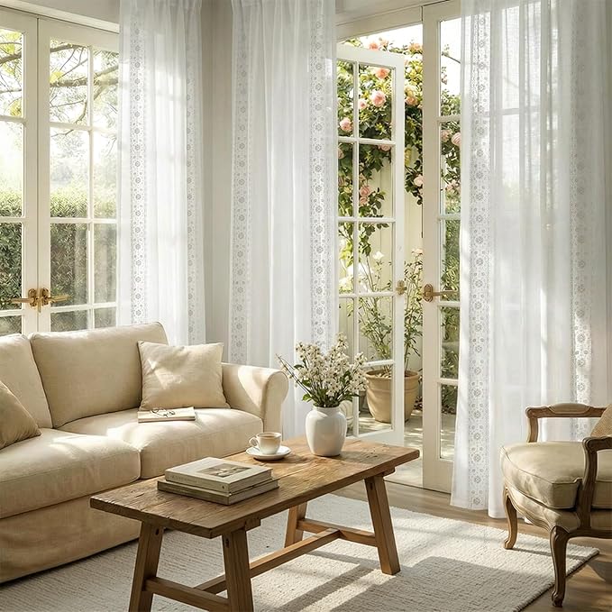 jinchan Floral Sheer Linen Curtains, Back Tab 50x96 Inch, 2 Panels White | Semi - Image 2