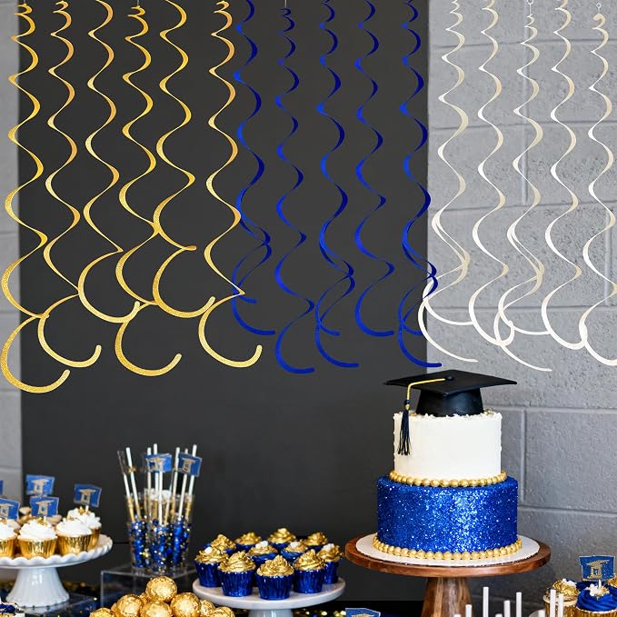36 Pcs Blue Gold Hanging Swirl Decorations Royal Blue Glitter Gold Beige Felt - Image 5