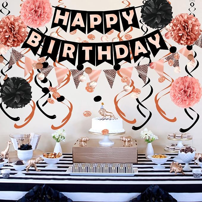 FECEDY Rose Gold Black Theme Happy Birthday Banner Flag Bunting Paper Circle - Image 3