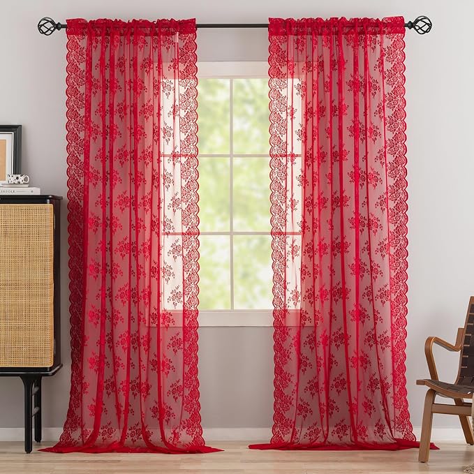 Kotile Red Lace Curtains for Living Room Rustic Floral 52x84 Inch, 2 Panels | - Image 6