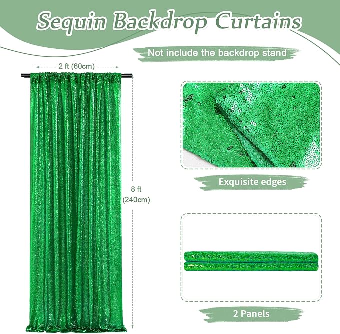 Green Sequin Backdrop Curtains-2 Panels 2FTx8FT Green Backdrop - Image 3