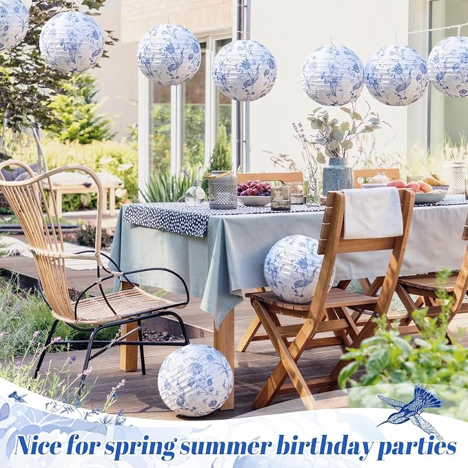Honoson 12 Pcs Chinoiserie Paper Lanterns Blue and White Floral Chinoiserie - Image 4