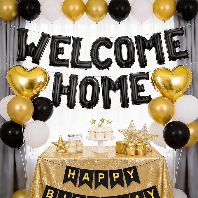 Welcome Home Balloons Black Gold, 16Inch Welcome Home Foil Balloons Banner - Image 5