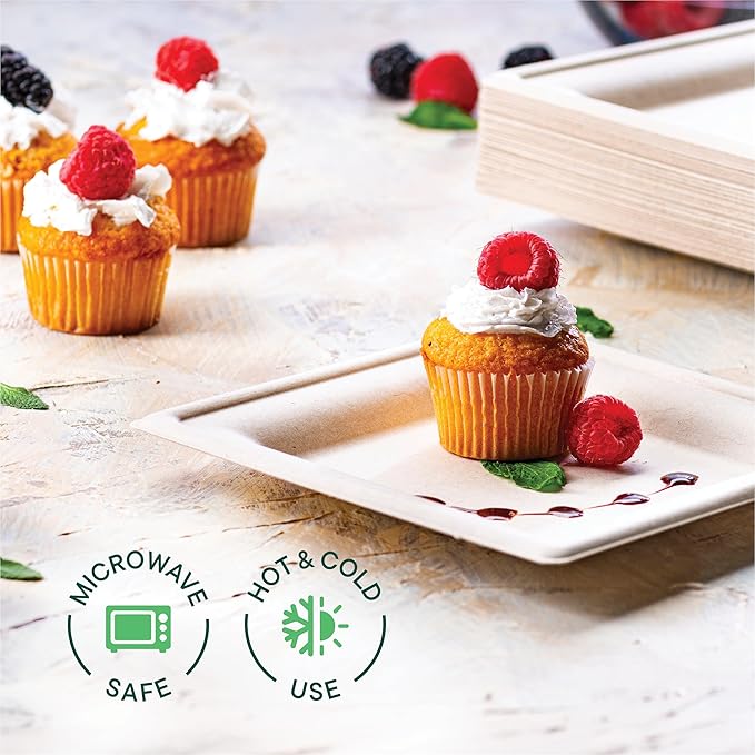 100% Compostable Square Paper Plates [50-Pack] - {PFAS-Free} - {BPI Certified} - [6 Inch] Heavy Duty, Eco-Friendly, Biodegradable Bagasse Dinner Plates - Natural Brown 6" Plate by Stack Man