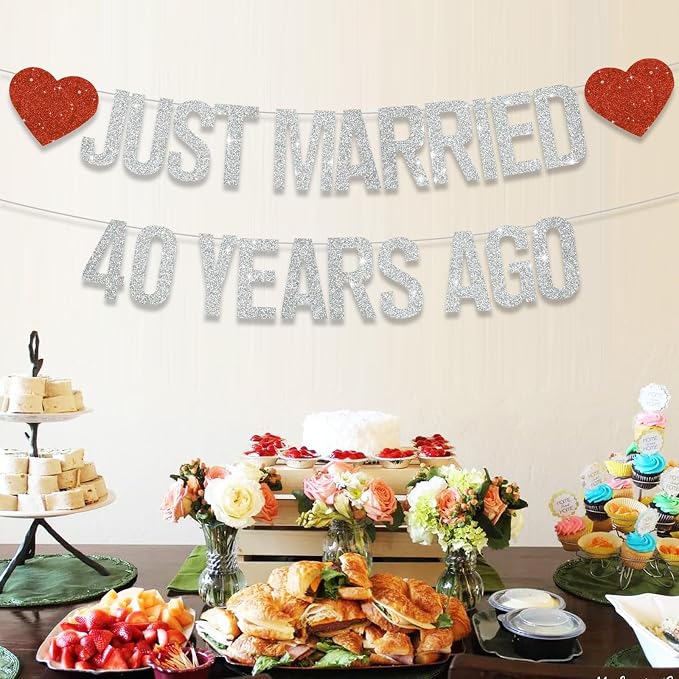 Silver Glitter Just Married 40 Years Ago Banner, NO DIY, Pre-Strung 40th - Image 6