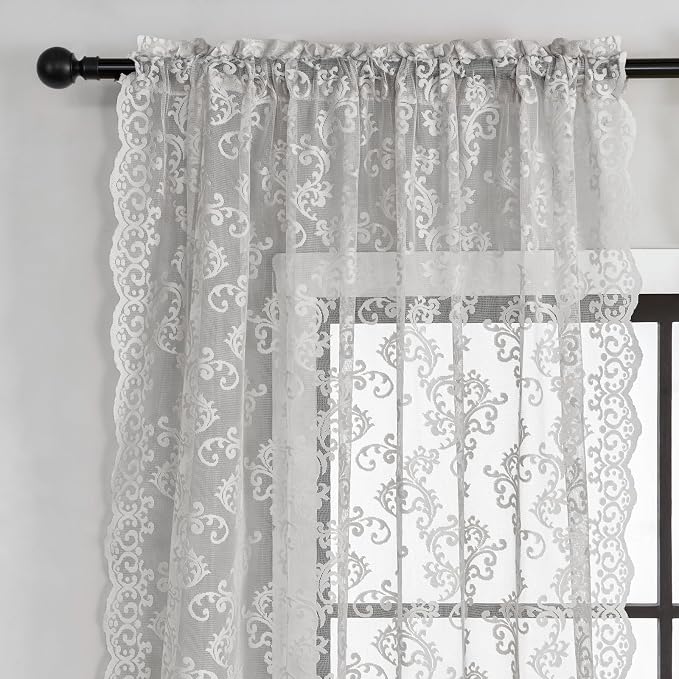 FOLKSIDE Grey Lace Curtains 63 Inch Length 2 Panels Paisley Pattern Rod Pocket - Image 3