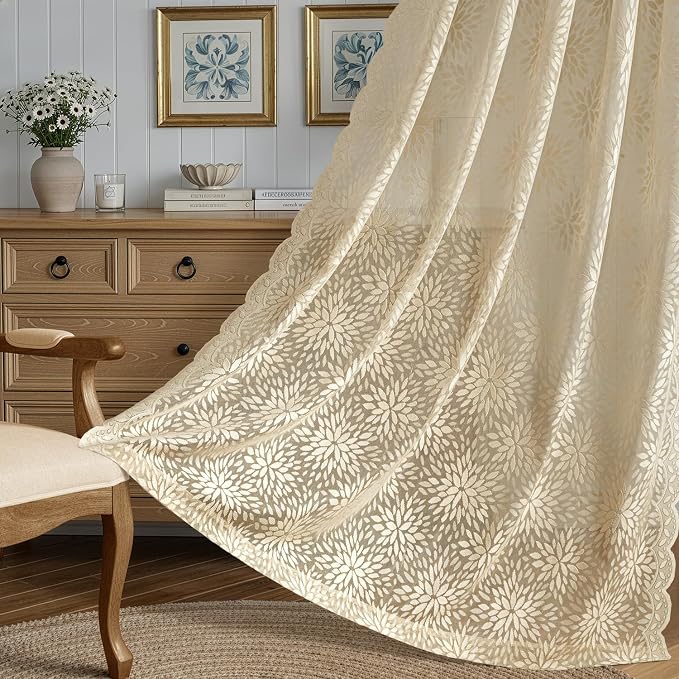MIULEE Vintage Floral Scalloped Lace Curtains 2 Panels, Short Semi Sheer - Image 3